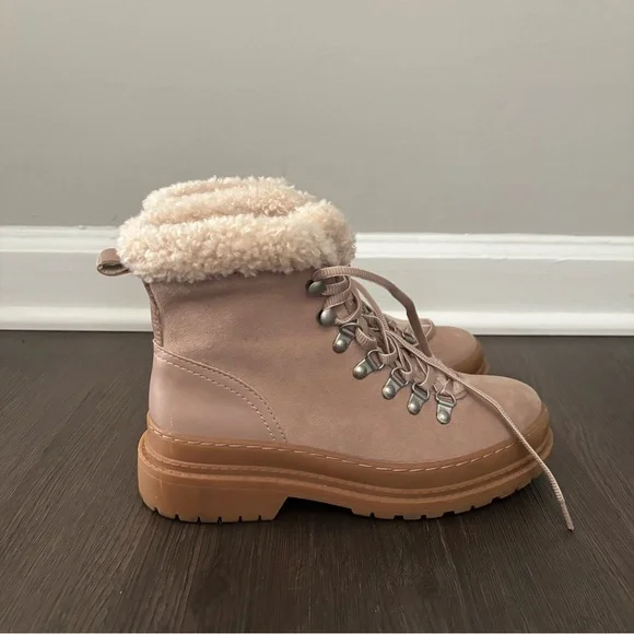 Splendid Tan Cream Sherpa Lace-Up Ankle Boots Sz 6 - Picture 3 of 6